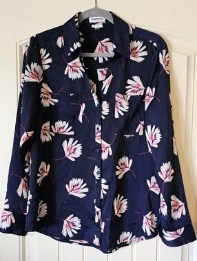 Express Navy Floral Button-Down Shirt with Pink Accents